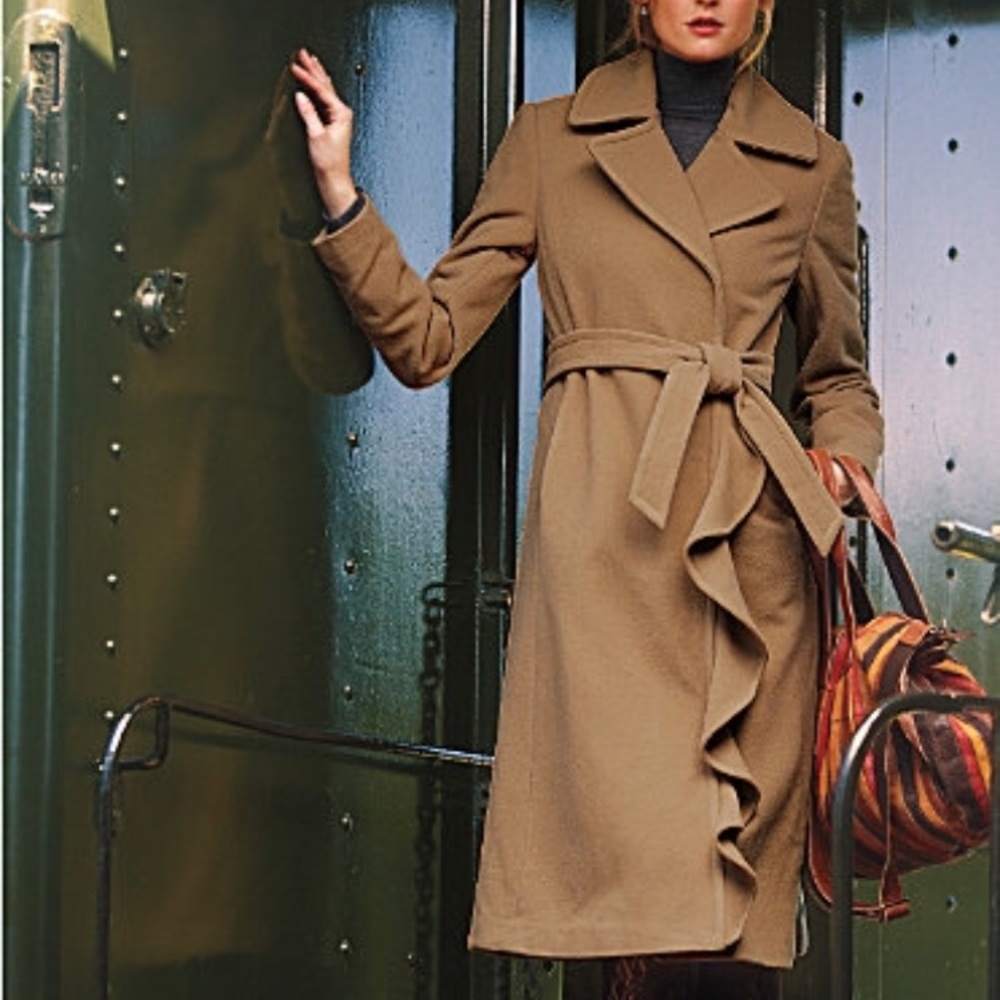 Stunning ruffle front camel coat.